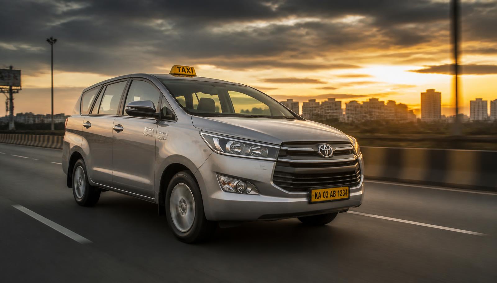 Innova taxi on a Bangalore highway at sunset