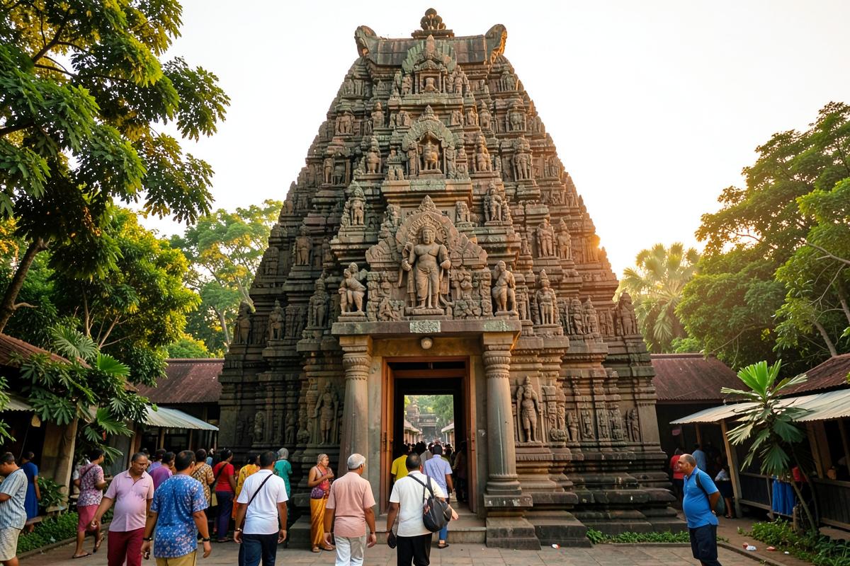 Ancient stone temple gopuram of Kadri Manjunatha Temple
