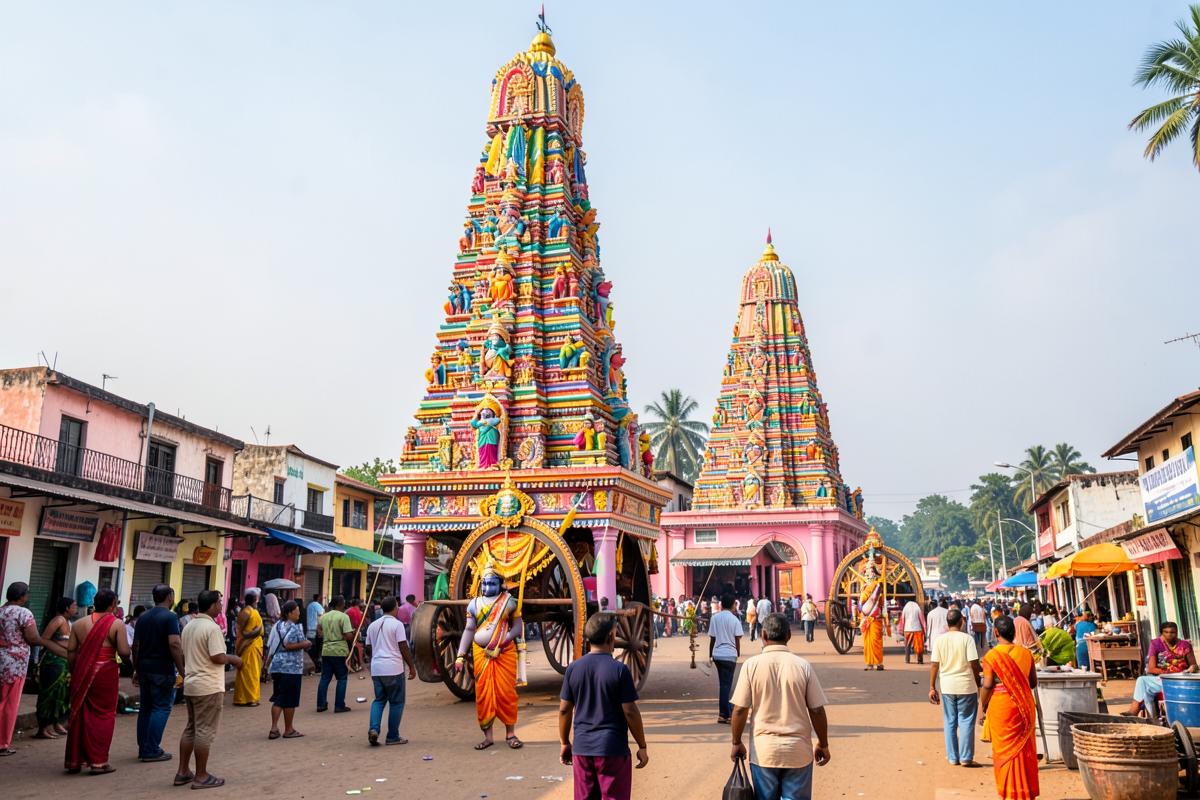 Colorful temple tower and chariot street of Udupi Krishna Temple